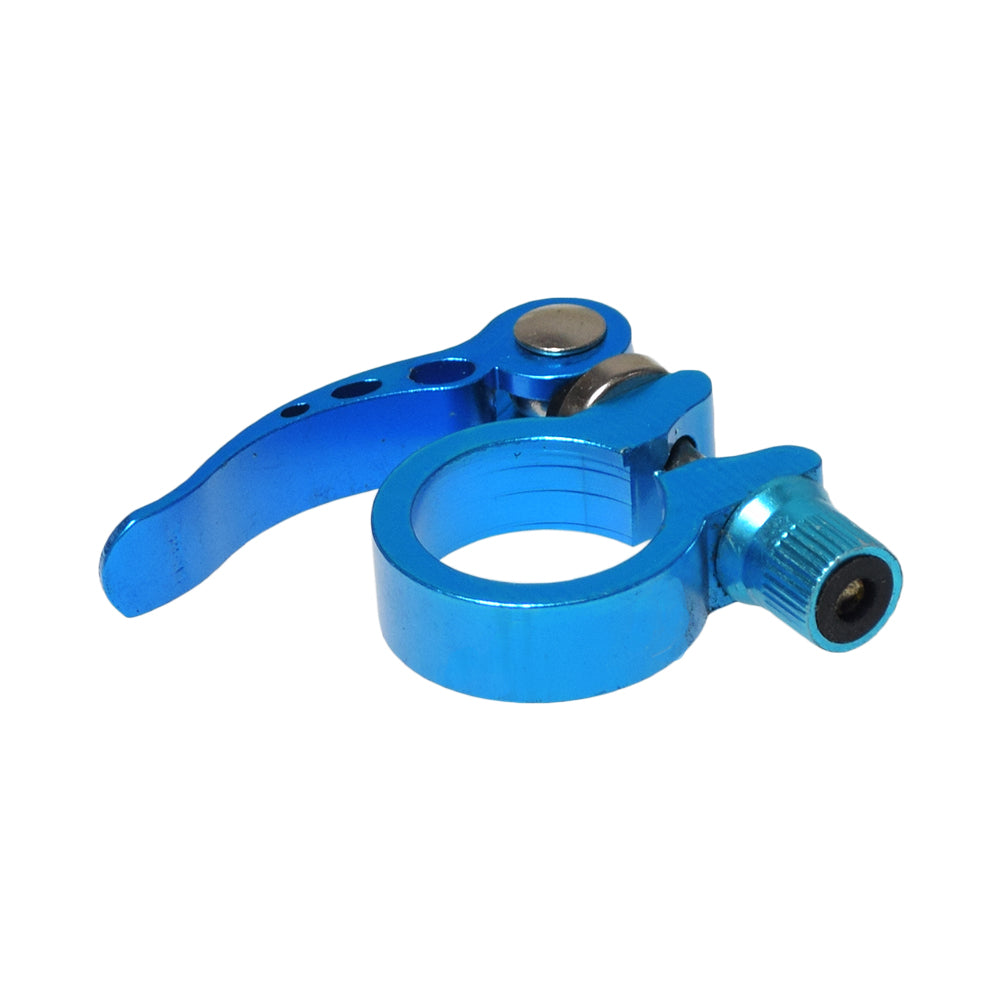 28.6 mm Aluminum Alloy Quick Release Seat Clamp: close-up of a blue metal clamp with a screw, designed for adjustable bike seat height on 28.6 mm posts.