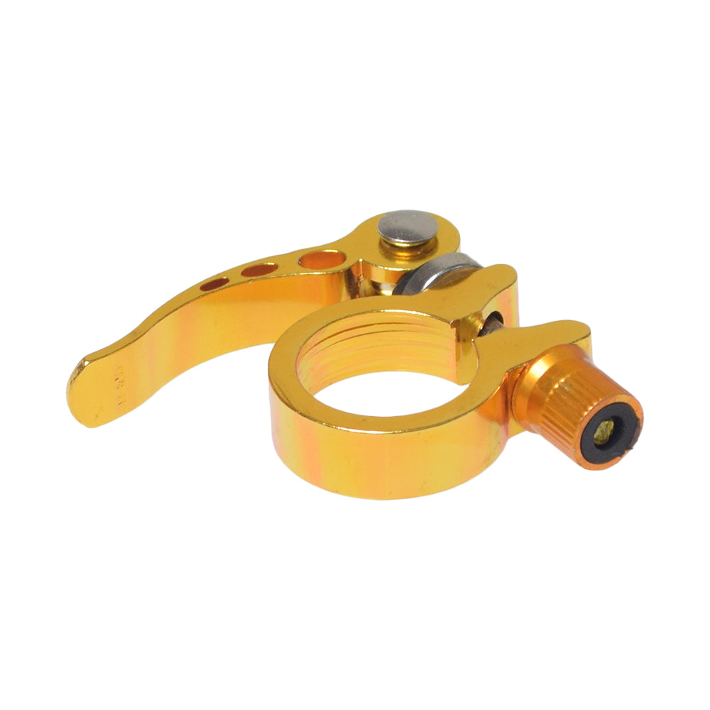 28.6 mm Aluminum Alloy Quick Release Seat Clamp, featuring a gold metal design with a screw, ideal for adjusting bike seat height.