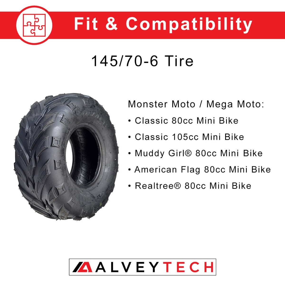 145/70-6 Tire for the Monster Moto / Mega Moto Classic 105cc & MM-B80 80cc Mini Bikes, featuring an aggressive V-tread pattern suitable for muddy, sandy, and gravel surfaces.