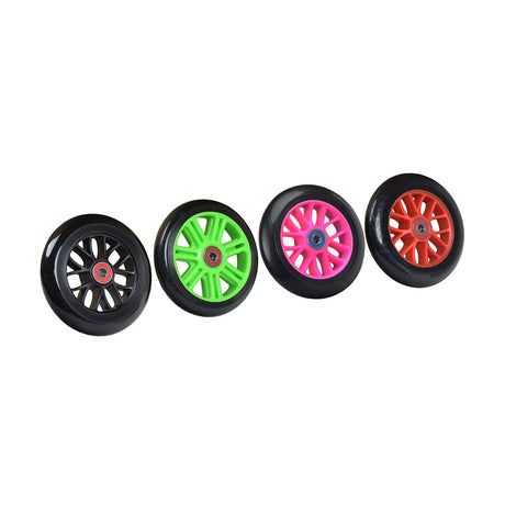 120 mm Scooter Wheel with Bearings shown in various designs, highlighting precision and fully assembled state, suitable for kick scooters and custom vehicles.