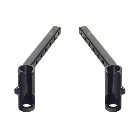 Leg Rest Hangers for the Pride Mobility Universal Seat Frame, featuring black metal bars with holes, compatible with various power chair models like Jazzy, Jet, and Quantum.