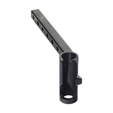 Leg Rest Hangers for the Pride Mobility Universal Seat Frame, displaying a black metal bar with multiple holes, designed as an OEM replacement part for various Pride Mobility power chairs.