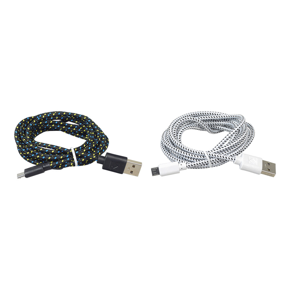 Braided Micro USB Charging Cable for Samsung S3, S4, & Note 2 featuring a close-up of two coiled cables with white USB plugs, showcasing high-quality connectors for fast charging and data transfer.