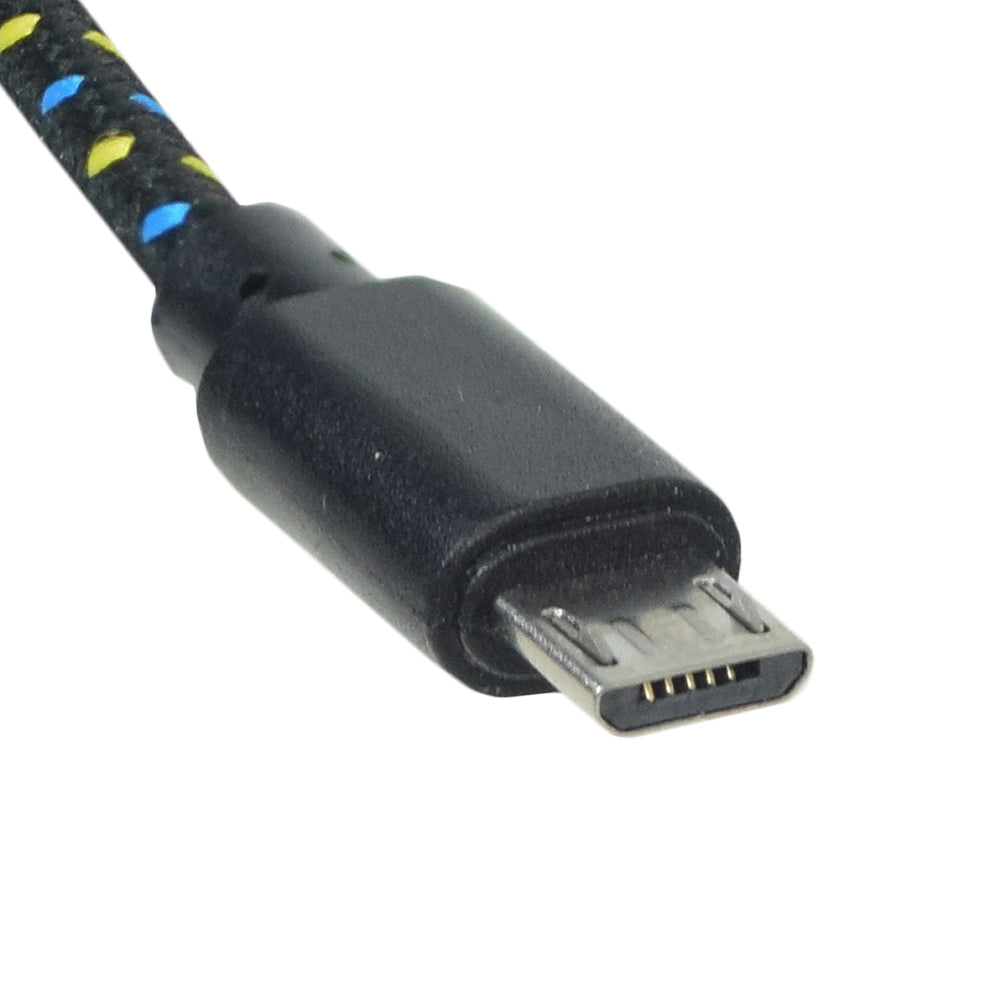 Close-up of a Braided Micro USB Charging Cable for Samsung S3, S4, & Note 2, showcasing the connector and cable texture, highlighting its quality and compatibility with various devices.