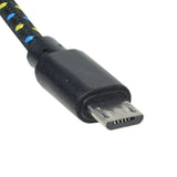 Close-up of a Braided Micro USB Charging Cable for Samsung S3, S4, & Note 2, showcasing the connector and cable texture, highlighting its quality and compatibility with various devices.