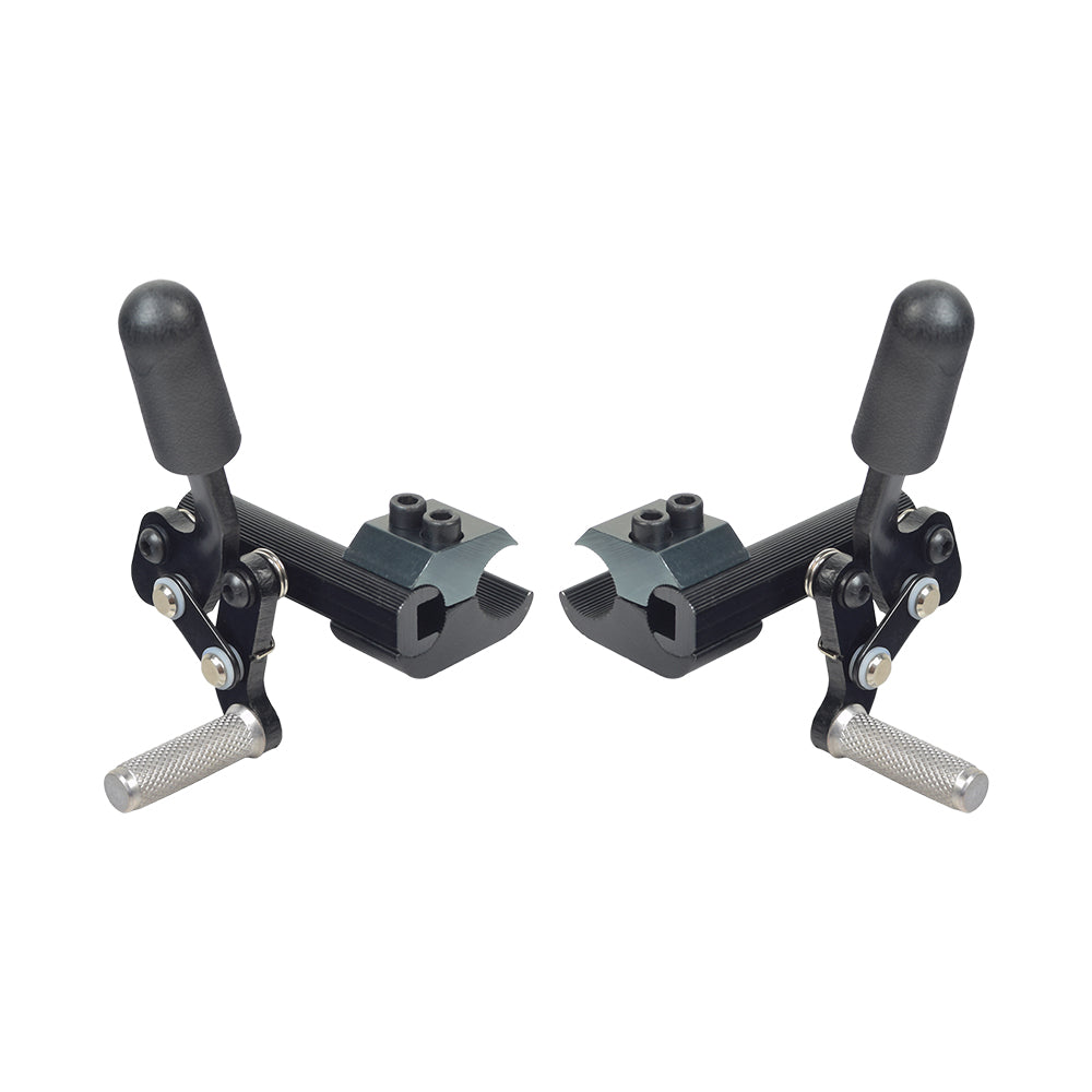 Pull-to-Lock Brake Assembly for the Pride Stylus & Stylus LS Manual Wheelchair, featuring black metal levers, mounting blocks, and screws.