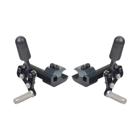 Pull-to-Lock Brake Assembly for the Pride Stylus & Stylus LS Manual Wheelchair, featuring black metal levers, mounting blocks, and screws.