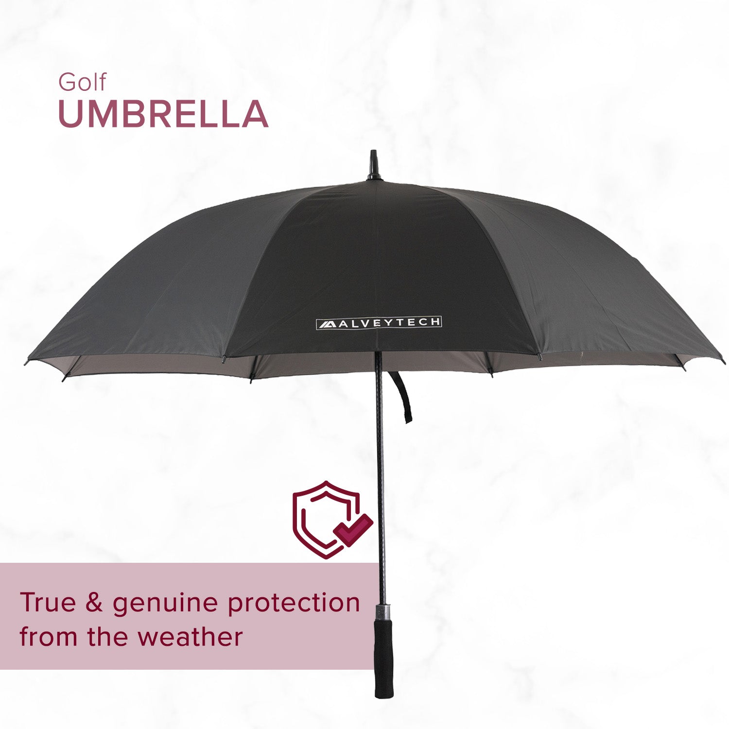 Golf Umbrella with Foam Handle featuring a black canopy, sturdy frame, and a comfortable foam grip handle, designed for durability and maximum comfort in adverse weather conditions.