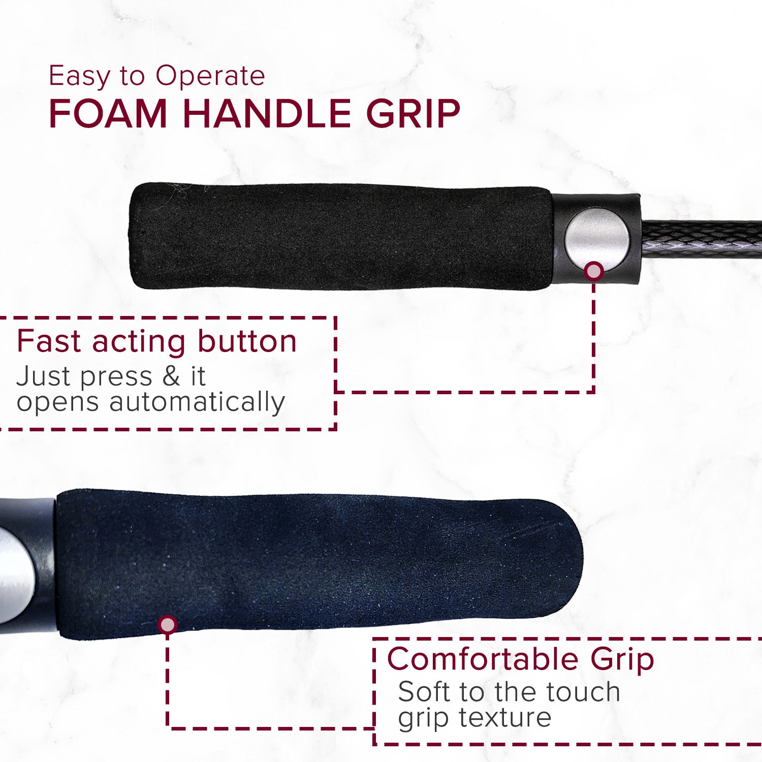 Golf Umbrella with Foam Handle: Close-up of the durable foam grip handle, ensuring comfort and superior hand-hold, ideal for extended use in wet conditions.