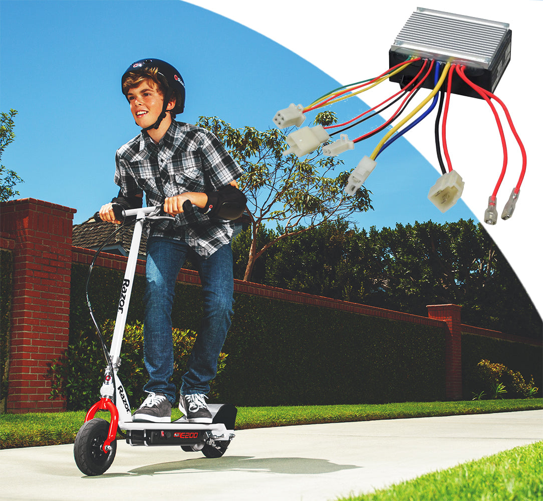 Boy riding a scooter connected to a ZK2430D-FS Control Module with 4-Wire Throttle Connector for Razor E200 (Versions 24+), showcasing the controller's wiring and functionality.