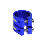 31.8 mm Double Head Collar Clamp for Scooters featuring a blue metal ring with visible screws, designed for secure and budget-friendly clamping on kick scooters.