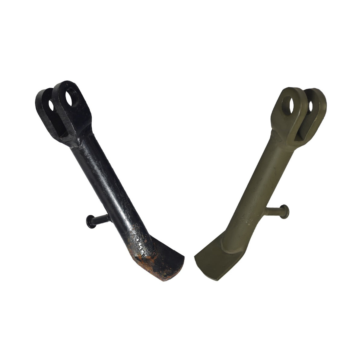 Kickstand for Coleman & Massimo Mini Bikes, featuring a sturdy metal construction with visible screws. Ideal for various mini bike models, this replacement part may show some surface rust but remains fully functional.