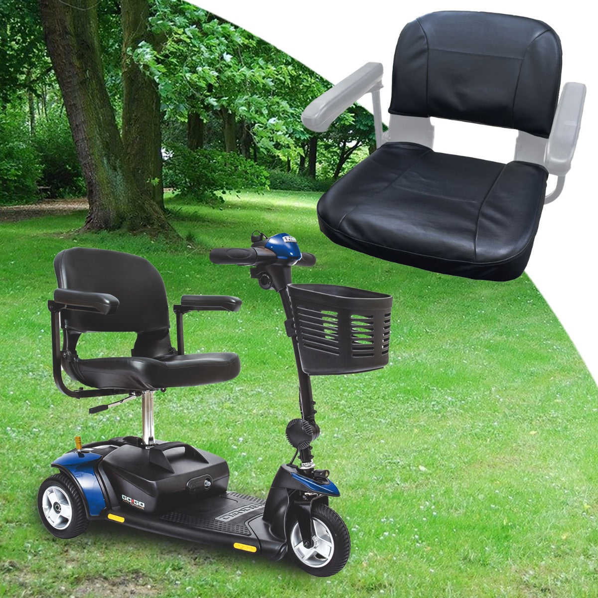 Seat Cover Set for Pride Revo, Sonic, & Go-Go Mobility Scooters displayed on a black chair in a park, showing the durable PU faux leather upholstery with snap enclosures and a convenient rear pouch.