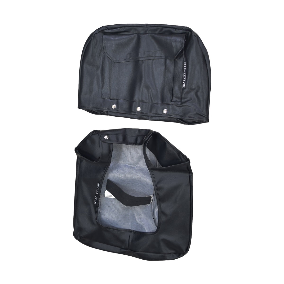 Seat Cover Set for Pride Revo, Sonic, & Go-Go Mobility Scooters featuring a black bag-like pouch on the back, made of durable PU faux leather with snap enclosures, shown against a plain background.