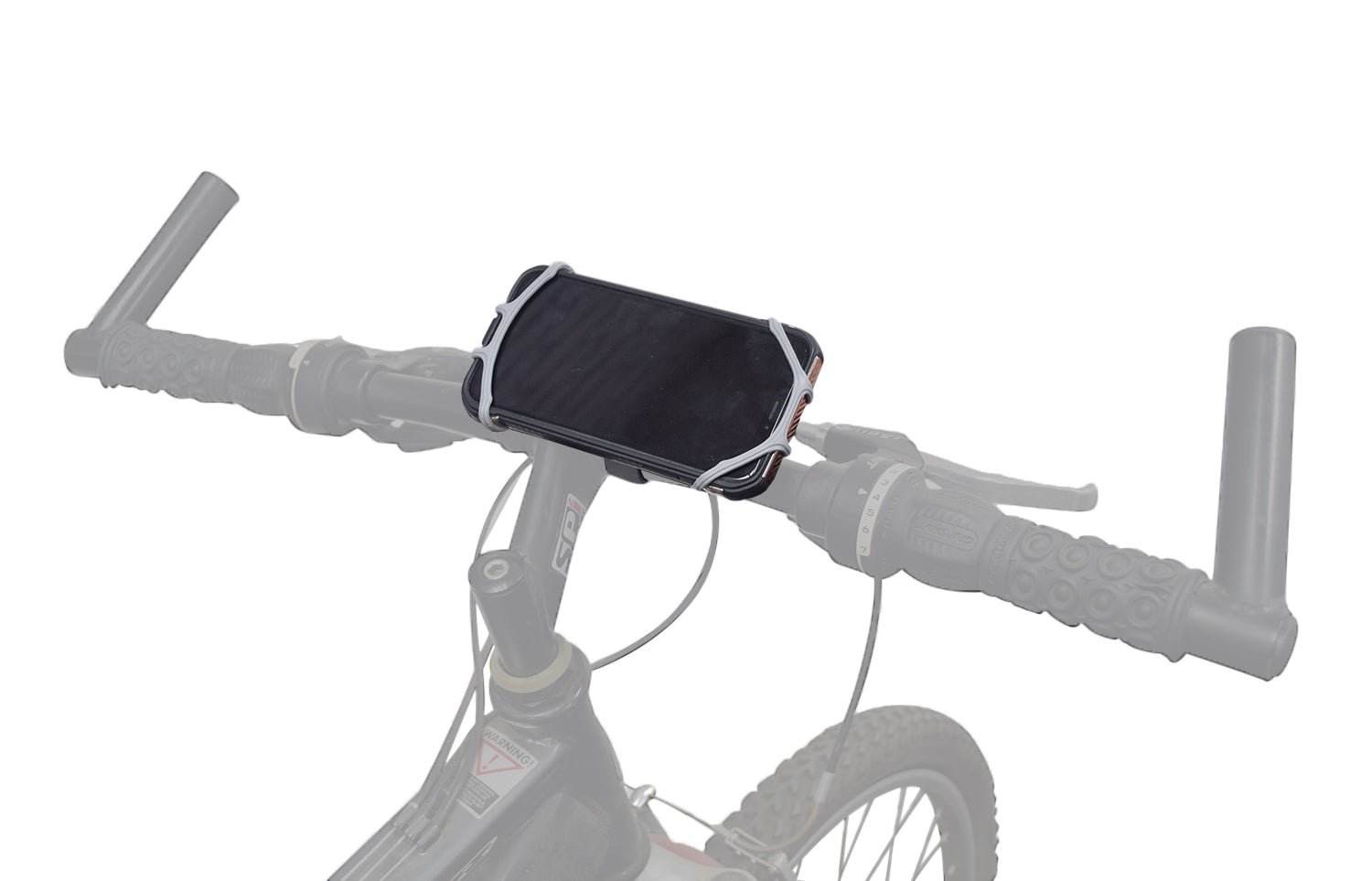 Universal Handlebar Mounted Flexible Silicone Phone Holder for Scooters & Bicycles securely attached to a handlebar, displaying a phone in the holder with a close-up of the bicycle tire.