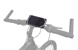 Universal Handlebar Mounted Flexible Silicone Phone Holder for Scooters & Bicycles securely attached to a handlebar, displaying a phone in the holder with a close-up of the bicycle tire.