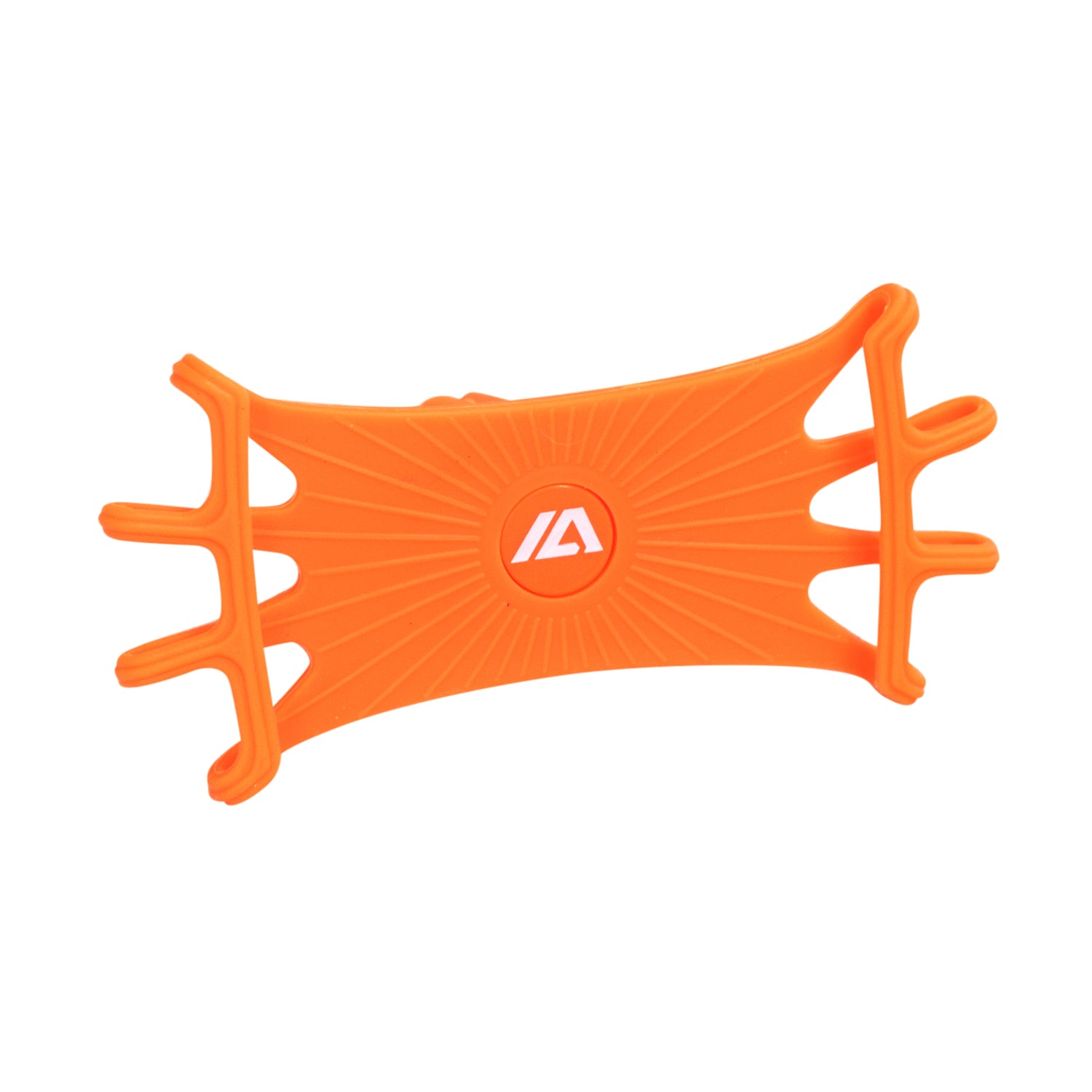 Universal Handlebar Mounted Flexible Silicone Phone Holder for Scooters & Bicycles, featuring an orange plastic design with a visible white logo, shown in close-up.