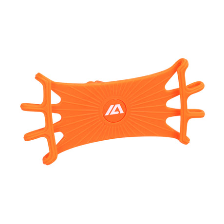 Universal Handlebar Mounted Flexible Silicone Phone Holder for Scooters & Bicycles, featuring an orange plastic design with a visible white logo, shown in close-up.