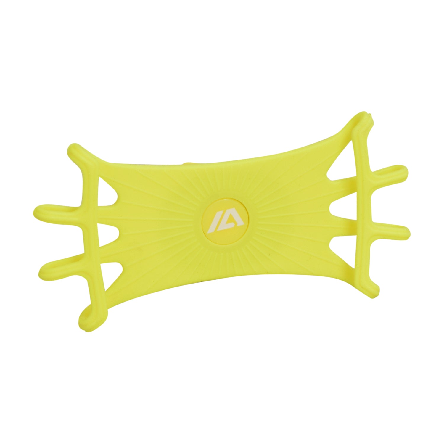 Universal Handlebar Mounted Flexible Silicone Phone Holder for Scooters & Bicycles, featuring a yellow rectangular silicone body with a white logo, designed to securely mount smartphones on handlebars.