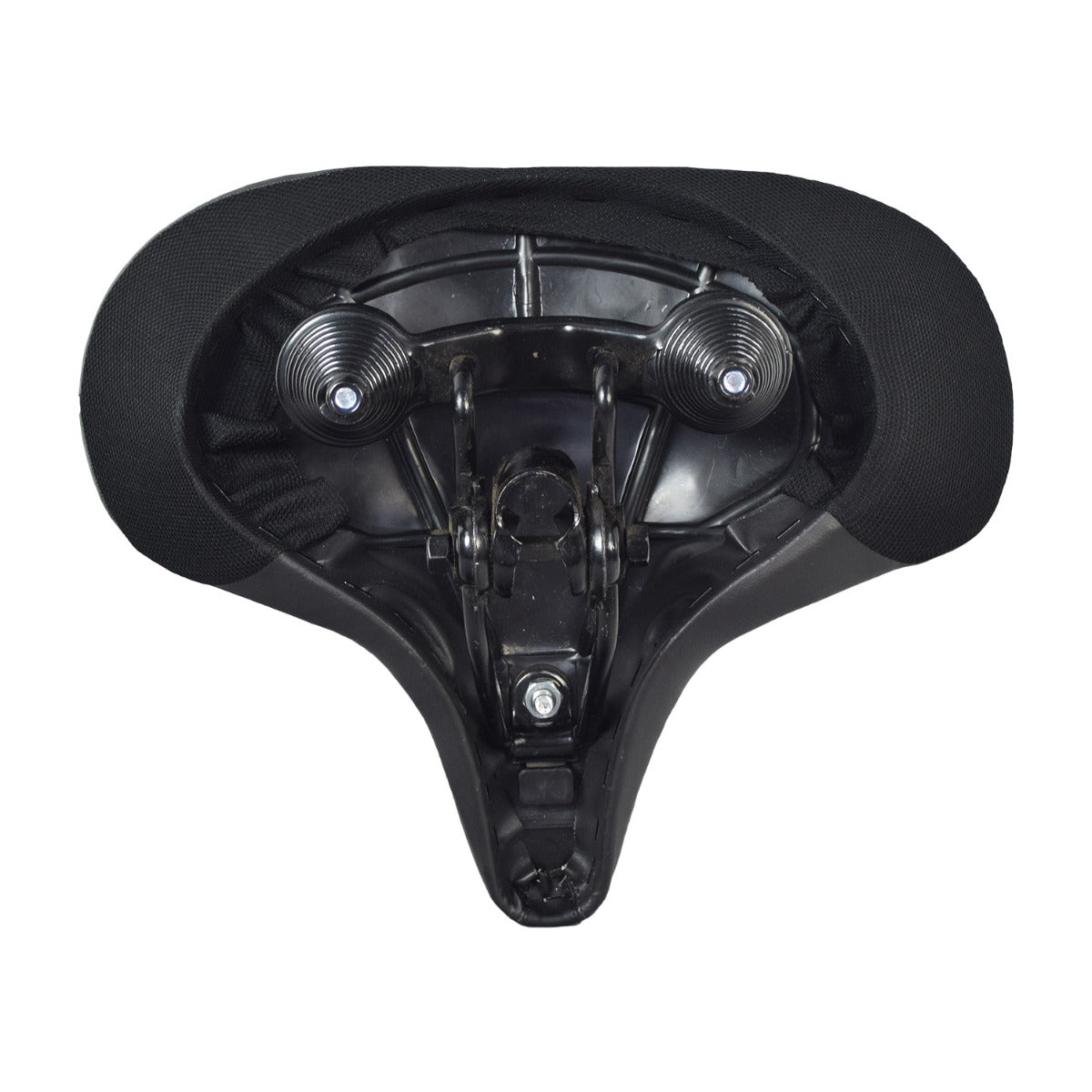 Oversized Extra Wide Cruiser Saddle Seat for Bikes & Scooters, featuring a black seat with metal parts and two screws, designed for beach cruisers, exercise bikes, and adult trikes with a 7/8 seat post.