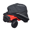 Heavy Duty Weatherproof Cover for Ride-On Toys shielding a toy jeep, highlighting its durable 600D polyester material and robust PVC rubber backing, ensuring protection from weather elements.