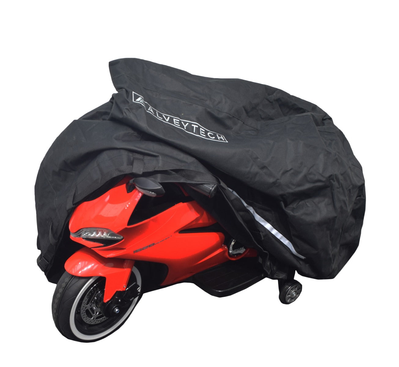 Heavy Duty Weatherproof Cover for Ride-On Toys securely fits over a red motorcycle, showcasing its durable black material designed for protection against harsh weather conditions.