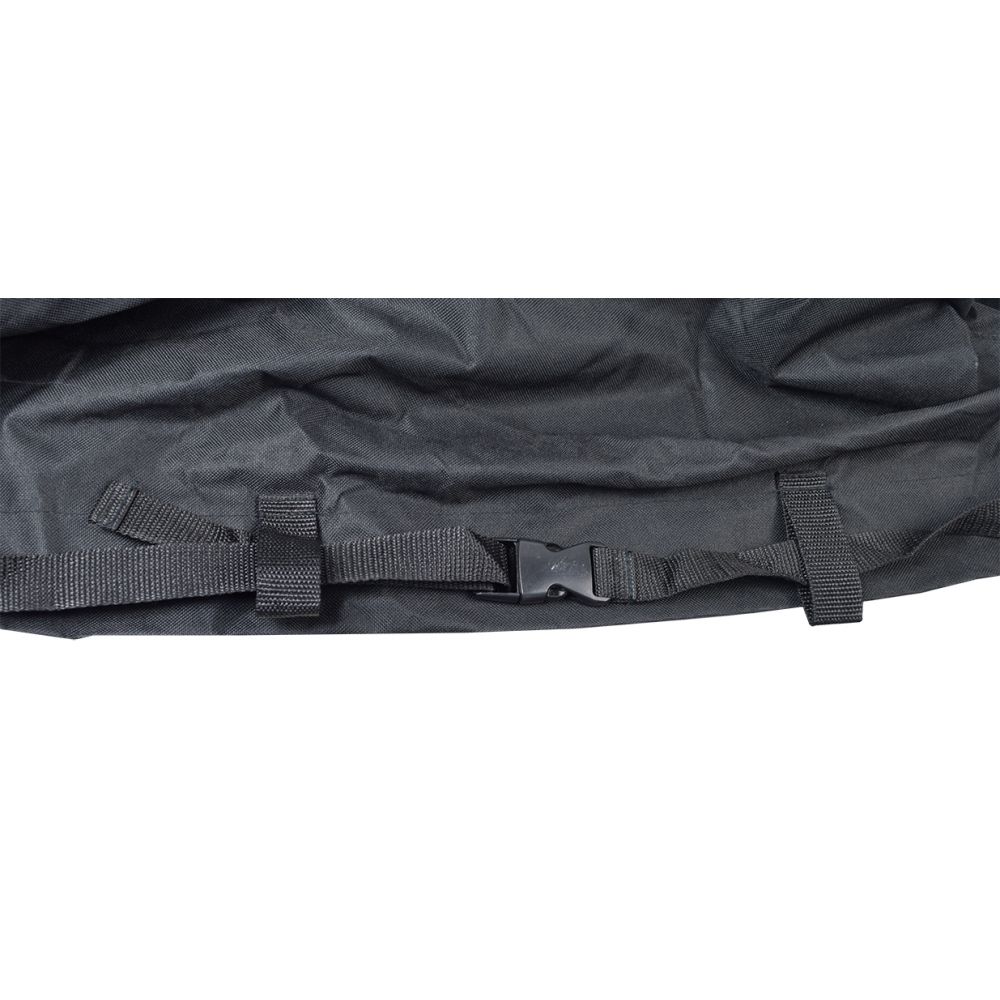 Heavy Duty Weatherproof Cover for Ride-On Toys featuring a black bag with a buckle and black strap made of strong 600D polyester with PVC rubber backing for durable protection.