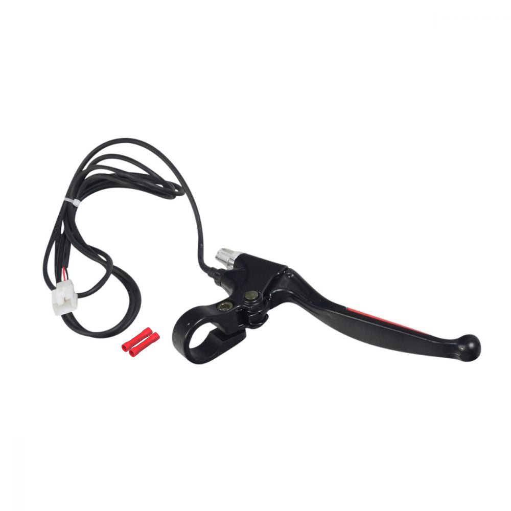 Right 2-Wire Black Aluminum Brake Lever for the Swagtron EB5 Pro Electric Bike, featuring red electrical cables and a close-up of the handlebar and wiring, ideal for replacing damaged parts.