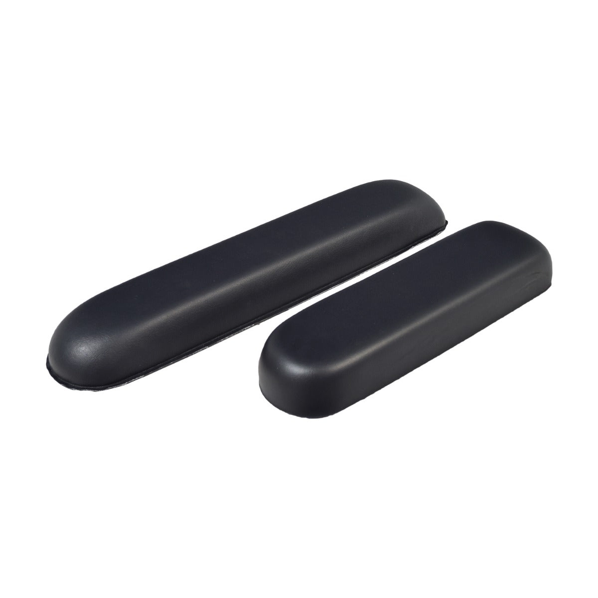 Black Vinyl Co-Molded Armrest Pad for Pride Scooters, featuring a rectangular shape with one square end and one rounded end, designed to fit over the armrest weldment on the seat frame.