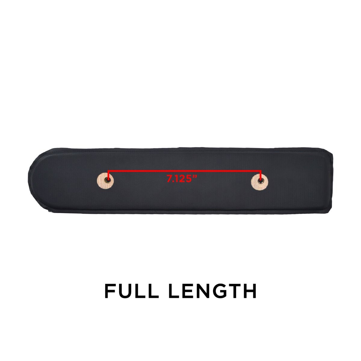 Black Vinyl Co-Molded Armrest Pad for Pride Scooters showing a black pad with circular and square ends, featuring red circles and a red line, fitting inside a black plastic armrest cover.