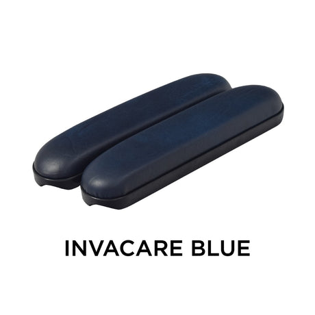 Blue 10 Desk Length Padded Vinyl Armrests for Wheelchairs (Set of 2), featuring smooth, rectangular design with multiple mounting holes for compatibility with various wheelchairs.