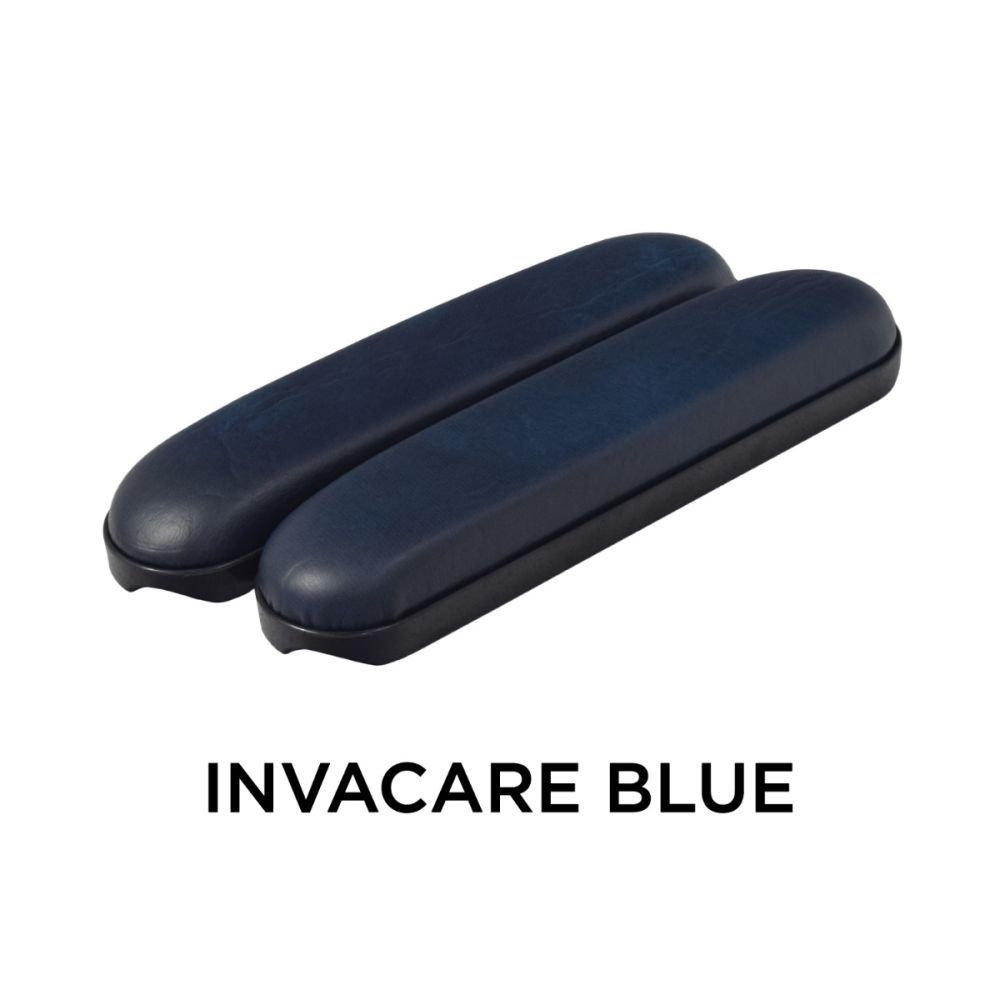 Blue 10 Desk Length Padded Vinyl Armrests for Mobility Scooters (Set of 2), displayed inside a blue eyeglasses case, showcasing their rectangular shape and smooth surface.