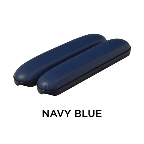 Blue 10 Desk Length Padded Vinyl Armrests for Wheelchairs (Set of 2), featuring a rectangular shape with a black cover, designed for comfort and compatibility with various mounting hole spacings.