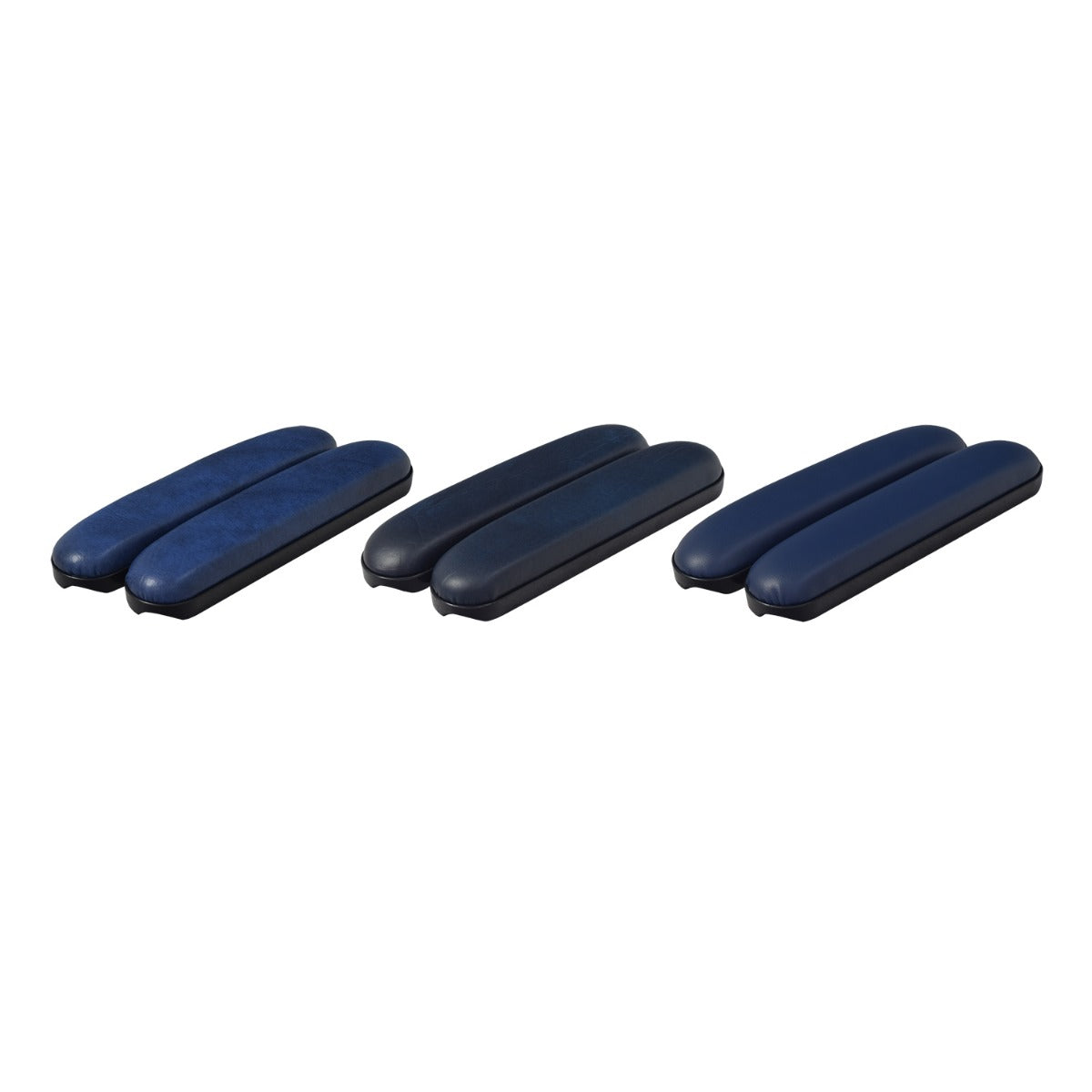 Blue 10 Desk Length Padded Vinyl Armrests for Wheelchairs (Set of 2), featuring cushioned pads with multiple mounting holes, displayed in various shades of blue on a white background.