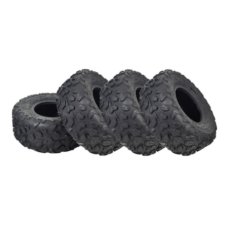 145/70-6 Tire with Knobby Tread for TaoTao ATA-110B & Boulder B1 ATVs (Set of 4), showing a close-up of stacked, black knobby tires designed for enhanced traction on various surfaces.