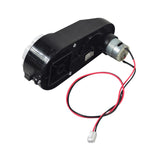 6 Volt Motor & Gearbox Assembly for the Kidzone Ride-On Bumper DIY Race Car, showing a black plastic device with red and black wires, and a visible white sticker with black text.