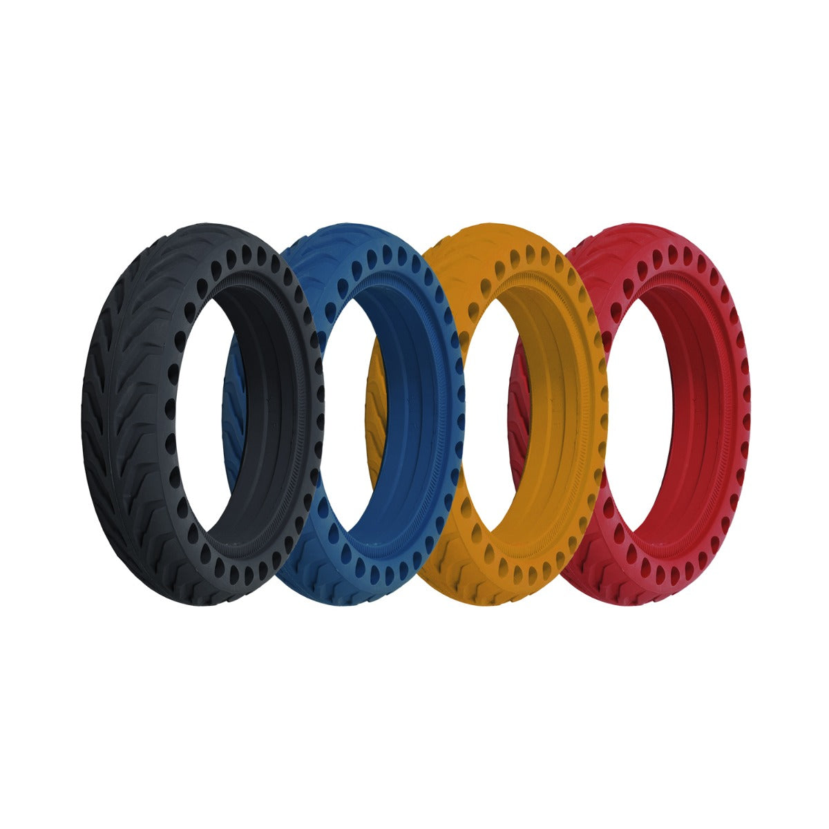 8.5 x 2 Solid Honeycomb Tire for Scooters, featuring open holes for shock absorption and flat-free performance, displayed in a row of various colors.