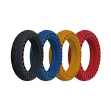 8.5 x 2 Solid Honeycomb Tire for Scooters, featuring open holes for shock absorption and flat-free performance, displayed in a row of various colors.