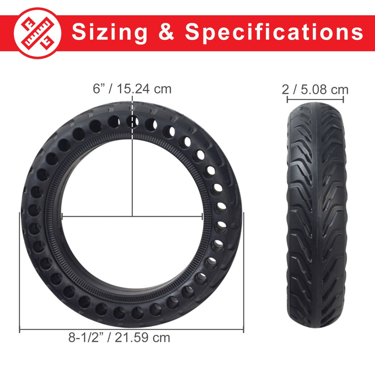 8.5 x 2 Solid Honeycomb Tire for the Xiaomi Mi M365 Electric Scooter showing close-up of tire tread with open holes for shock absorption and measurement chart.