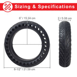 8.5 x 2 Solid Honeycomb Tire for the Xiaomi Mi M365 Electric Scooter showing close-up of tire tread with open holes for shock absorption and measurement chart.