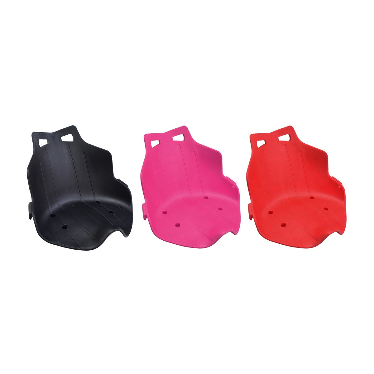 Plastic Seat for the Razor PowerRider 360, available in black, pink, or red, made of high-quality ABS plastic with holes, shown as a group of three replacement seats.