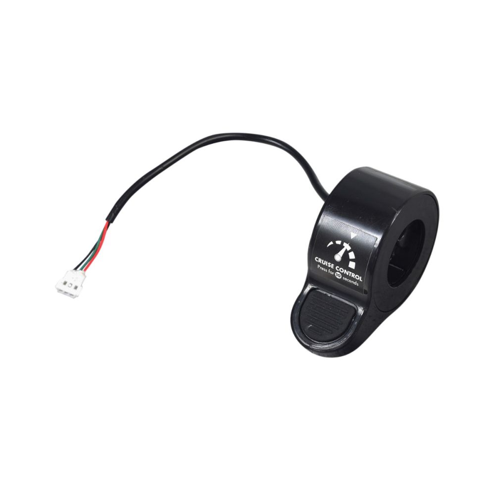 Universal Thumb Throttle for Electric Scooters, featuring a black device with a connected wire and a 3-pin Molex connector, suitable for standard 7/8 handlebars.