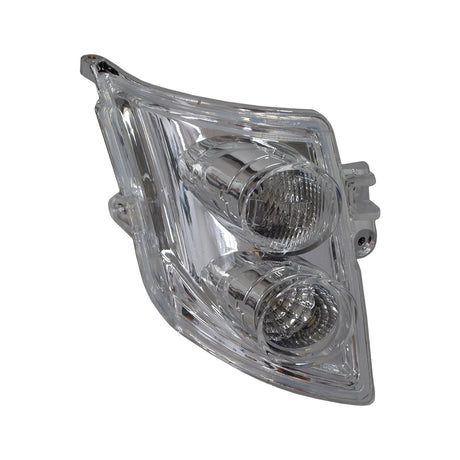 Front Light Assembly for the Pride Pursuit Sport 36 Volt (MV714), Pursuit XL (S714), Wrangler (MV600), & Baja Wrangler 2 (BA400) featuring a clear headlight with two round lights, shown close-up.