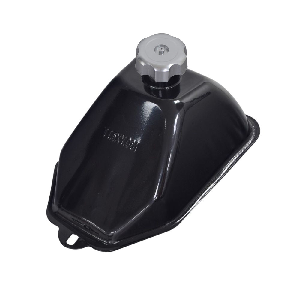 Metal Fuel Tank for Coleman AT125-EX & AT125-UT ATVs, featuring a black enamel finish with a silver cap and mounting flanges on the front and back, suitable for various ATVs and custom builds.