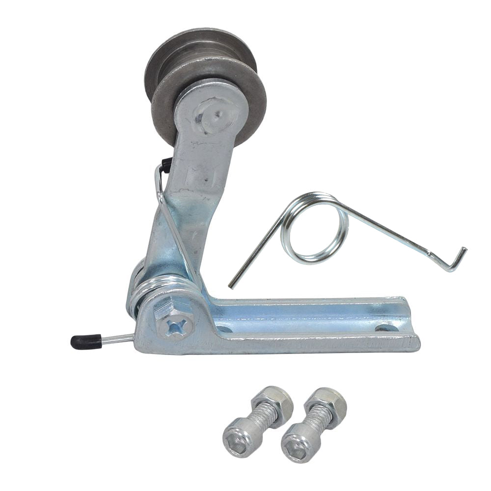 Chain Tensioner for the Razor RSF350 Electric Sport Bike, featuring a metal pulley, wire spring, screws, and extra spring. Essential for maintaining proper chain tension and ensuring smooth operation.