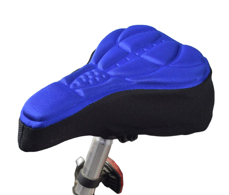 Gel Seat Cover for Bicycles featuring a soft, cushiony Lycra nylon and gel design with a drawstring for a snug fit and a reflective strip for safety.