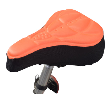 Gel Seat Cover for Bicycles featuring a soft, cushiony Lycra nylon and gel design, drawstring for snug fit, and reflective strip for safety. Ideal for enhancing comfort on bike rides.