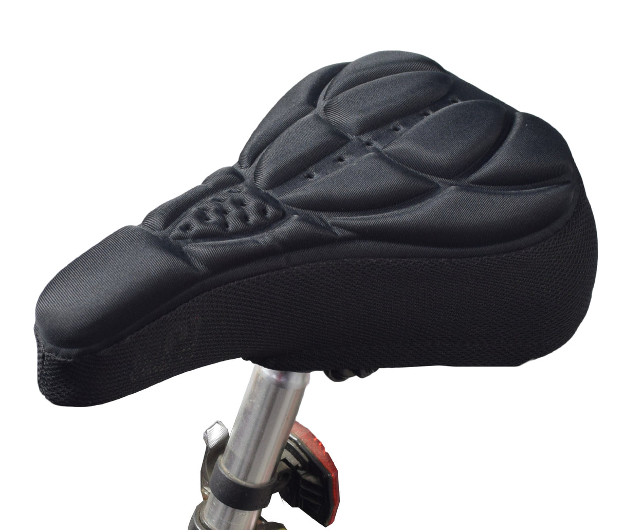 Gel Seat Cover for Bicycles, featuring a soft black foam and silicone gel cushion, designed for comfort. Includes a drawstring for a snug fit and a reflective safety strip at the back.