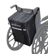 Extra Large Insulated Seat Back Bag (Backpack) for Wheelchairs, shown on a wheelchair, featuring a spacious zippered main compartment, outer velcro-fastened pocket, and an open mesh pouch for ample storage.