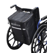 Extra Large Insulated Seat Back Bag (Backpack) for Wheelchairs attached to a blue and white wheelchair, showcasing its high-quality construction and spacious compartments.